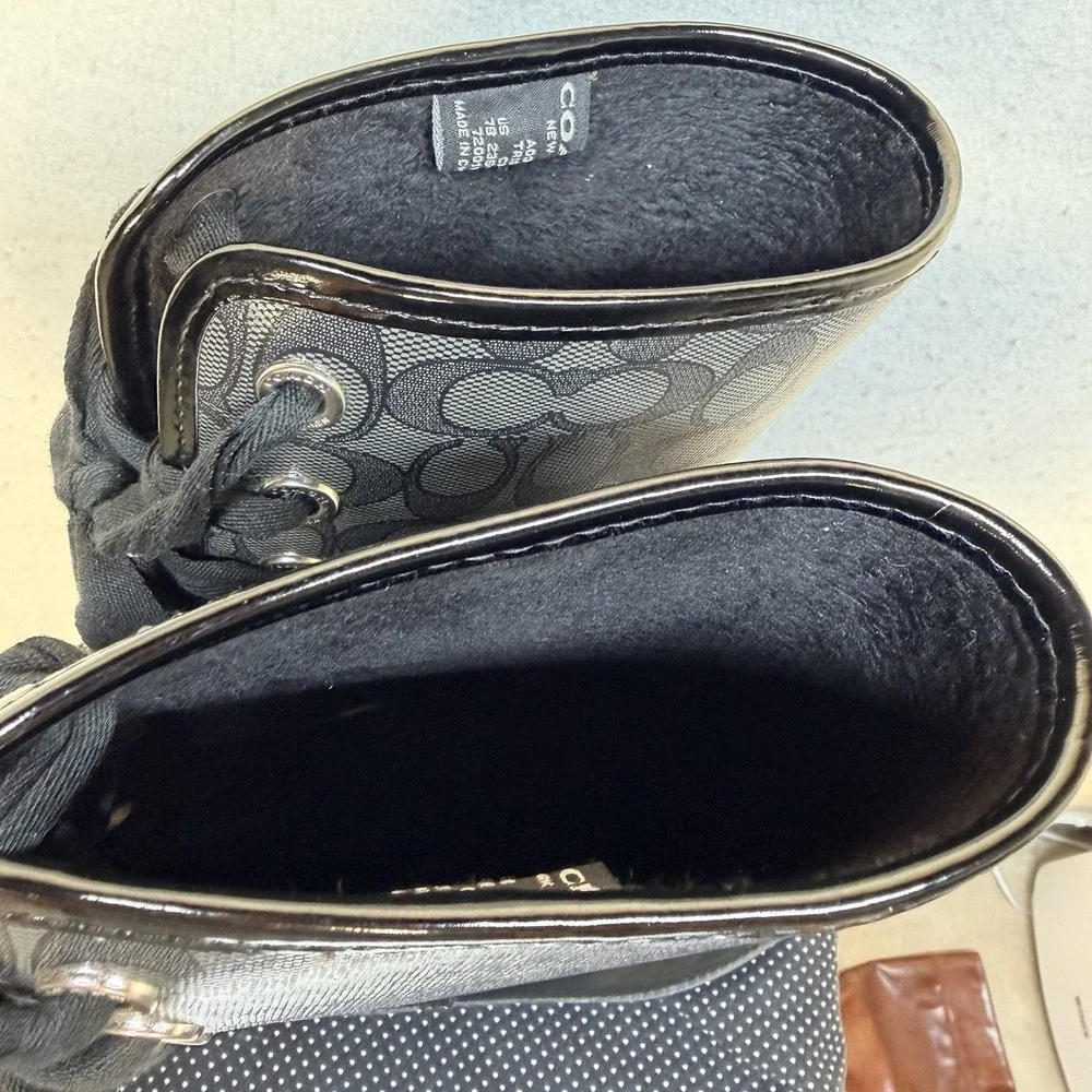 Coach Signature Tall Rain Boots Black Monogram Fur Lined Women's Size 7B